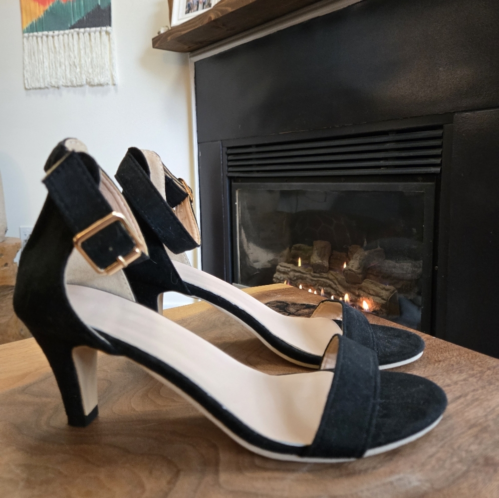 DONATED - Black Velvet Open Toe Sandals with 3" Heels and Adjustable Ankle Strap - Picture 5 of 11